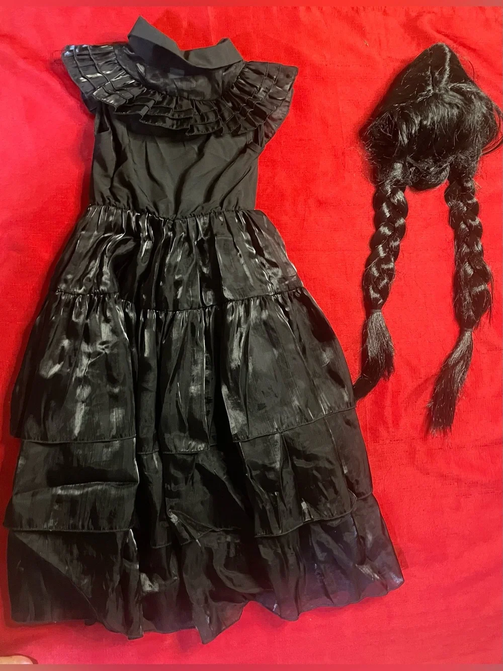 Girls Size 5 Black Gothic Ruffle Dress & Braided Wig Halloween Costume
